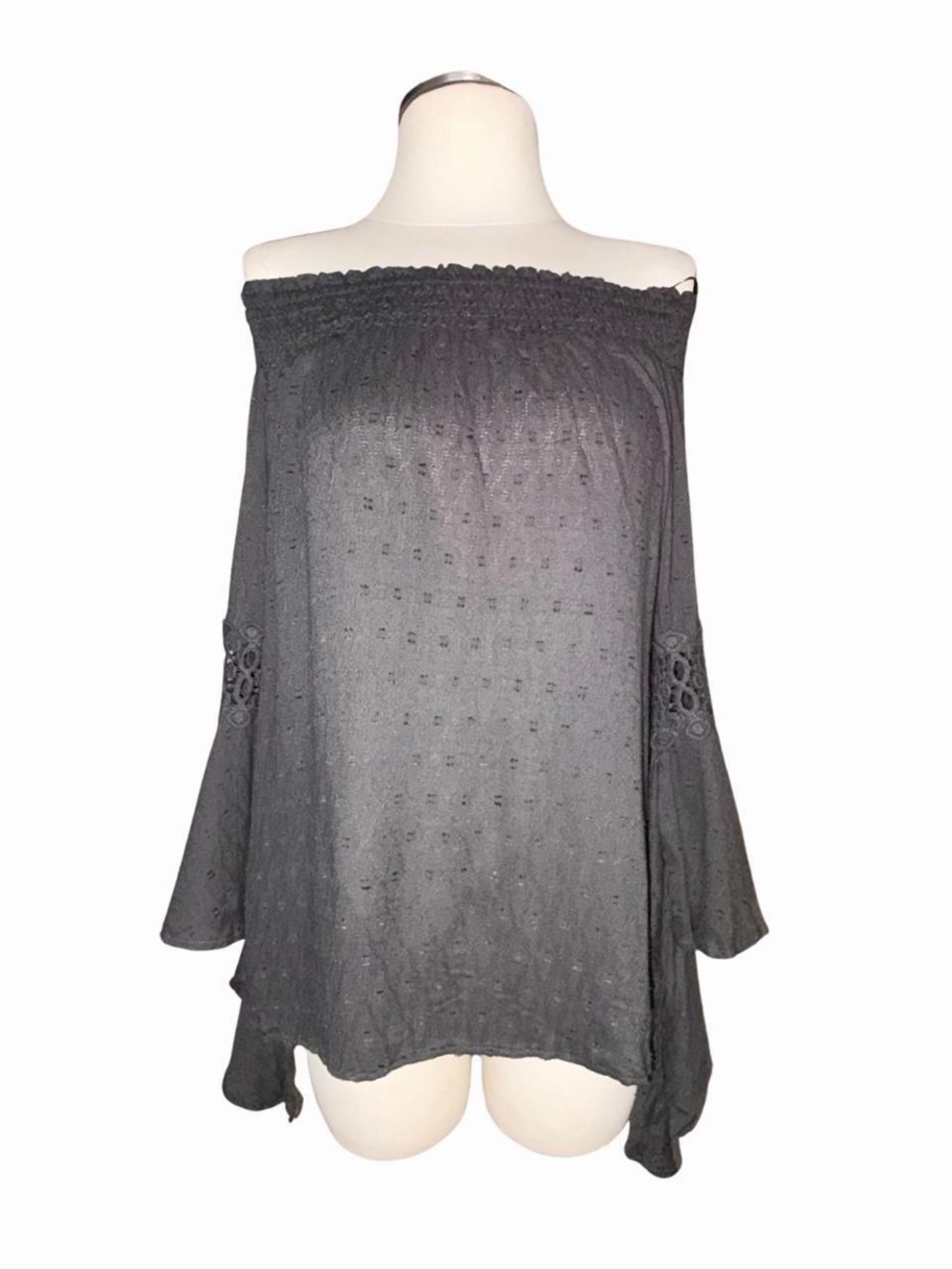 Angie Off-Shoulder Bell Sleeve Top - Charcoal - Picture 2 of 7